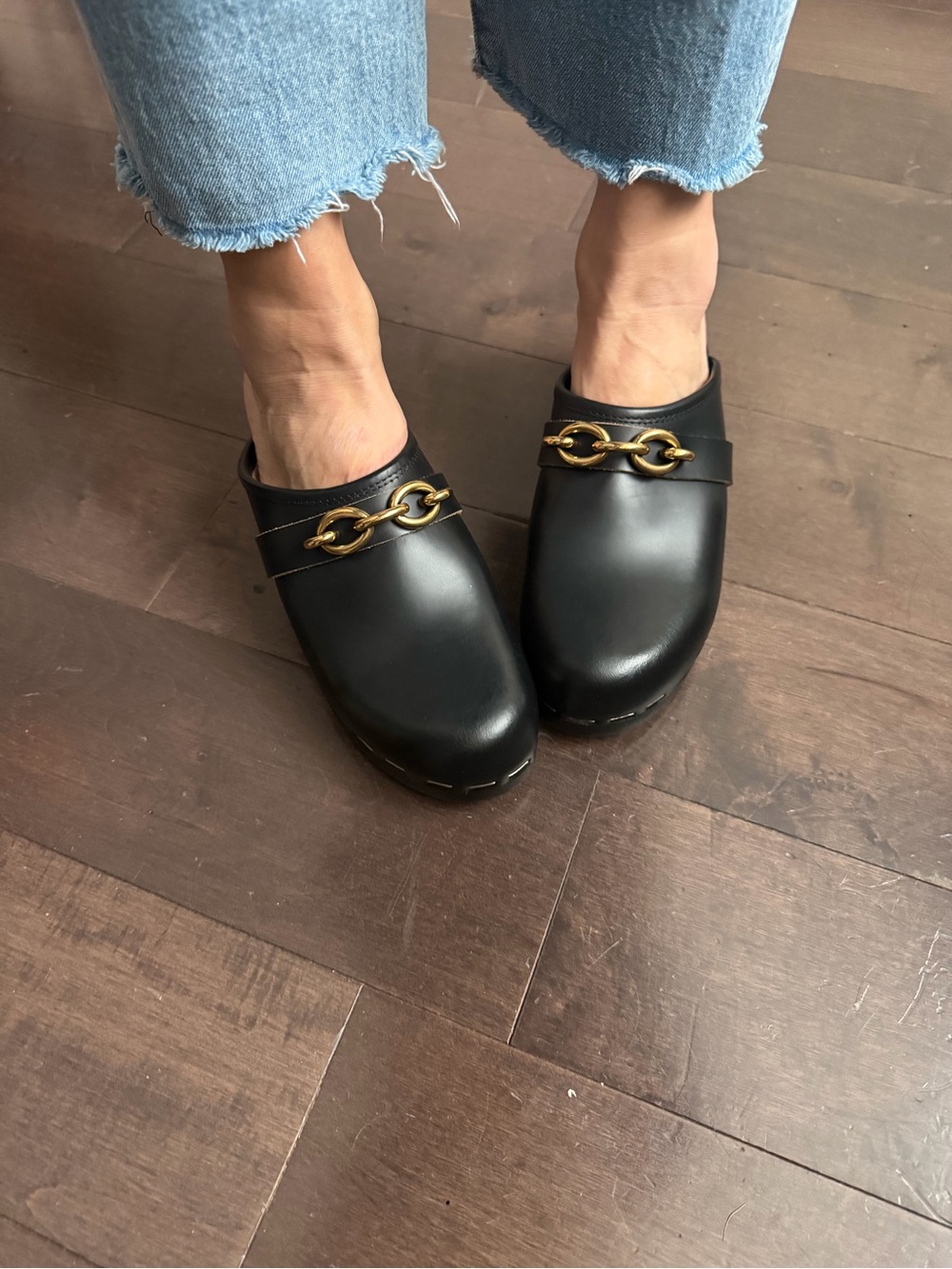 Saint Laurent Black Leather Clogs with Gold Chain Accent NEW
